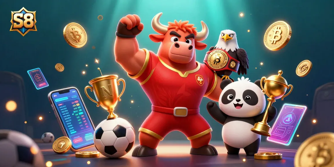 S8 players celebrate their wins with a 3D bull, eagle, and panda amidst sports betting excitement and crypto coins.