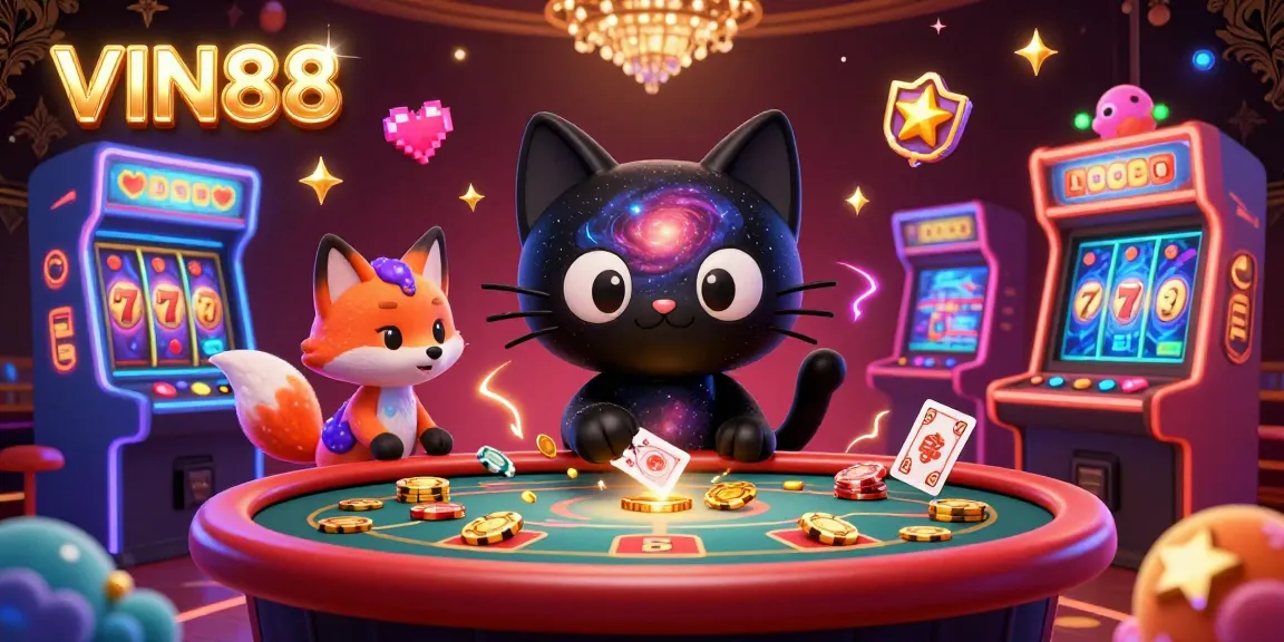 Engage in thrilling online gaming at VIN88, featuring cosmic characters and dynamic casino elements.