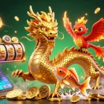 Experience LUCKY88's vibrant gameplay with a fierce dragon and phoenix in an energetic casino scene.