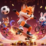 VIN88 skateboarder fox performs tricks over poker chip ramp amidst vibrant casino scene