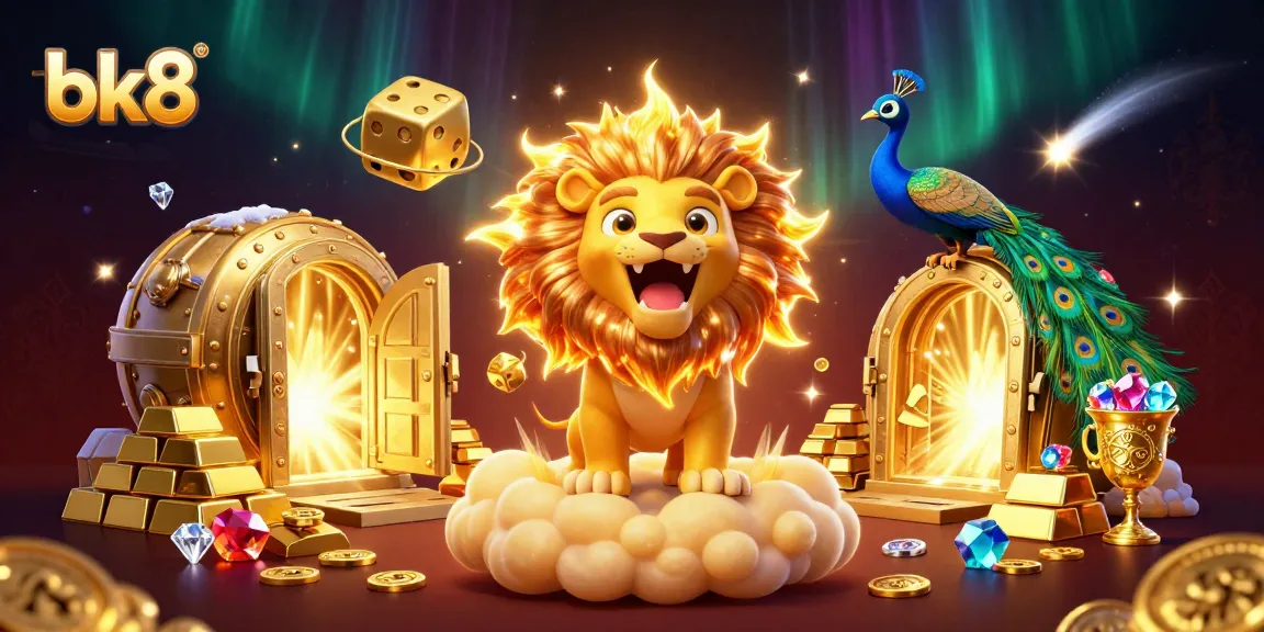 Engage with bk8's thrilling gaming world, featuring a vibrant casino scene with golden treasures.