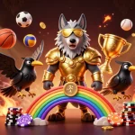 Bet big with ev99 while Odin stands guard over a vibrant casino chip rainbow bridge.