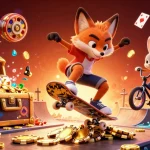 Skateboarder fox and BMX rabbit showcase free credit ewallet gaming excitement with colorful casino elements.