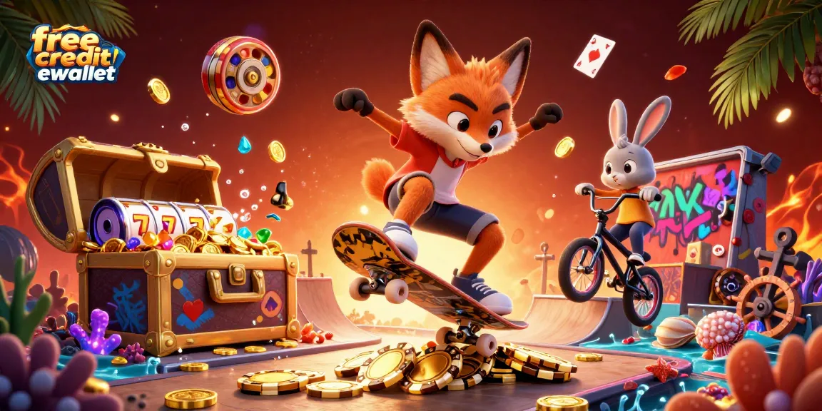 Skateboarder fox and BMX rabbit showcase free credit ewallet gaming excitement with colorful casino elements.