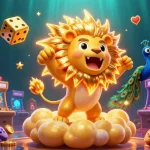 Experience the thrill of winning with link 69VN at a vibrant casino scene featuring a roaring sun lion and dynamic arcade elements.