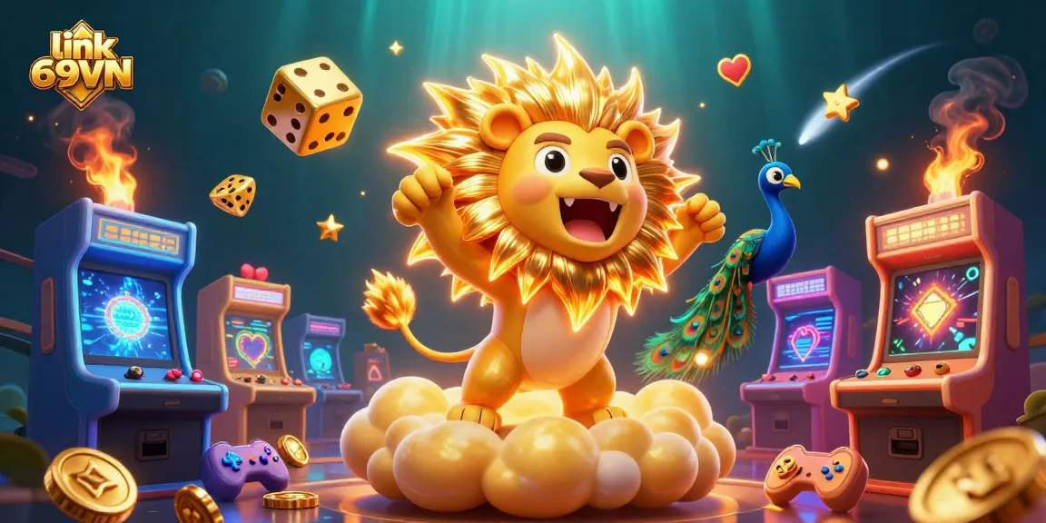 Experience the thrill of winning with link 69VN at a vibrant casino scene featuring a roaring sun lion and dynamic arcade elements.