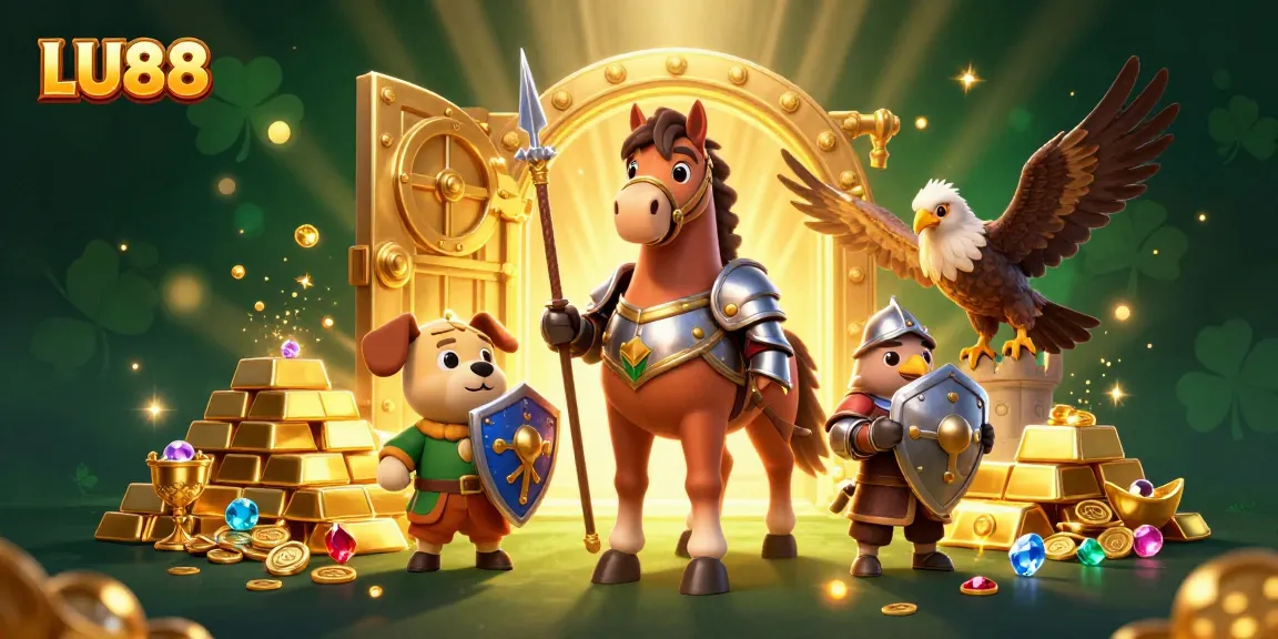 LU88 platform showcases unique characters amidst treasures and golden elements in an engaging casino environment.