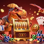 Game LX88 showcases a pachycephalosaurus winning jackpots amidst a vibrant casino scene.