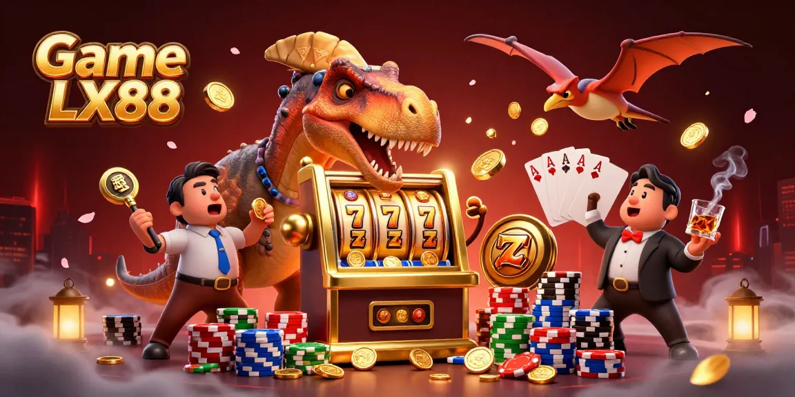 Game LX88 showcases a pachycephalosaurus winning jackpots amidst a vibrant casino scene.