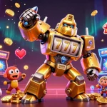 U31 showcases a golden gorilla mech in an exciting casino environment, spinning reels and coins bursting forth.