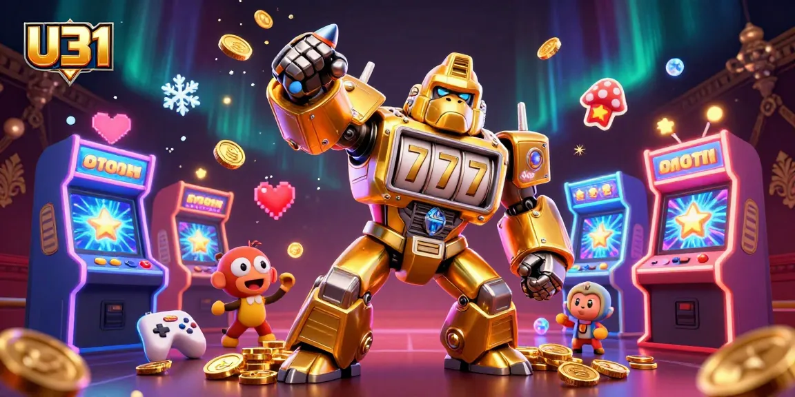 U31 showcases a golden gorilla mech in an exciting casino environment, spinning reels and coins bursting forth.
