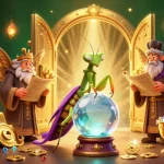 Join the excitement with SKY88 as a praying mantis fortune teller unveils jewels in a magical casino scene.