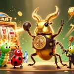 Experience the excitement of f168 with a giant golden stag beetle facing off in a vibrant casino showdown.