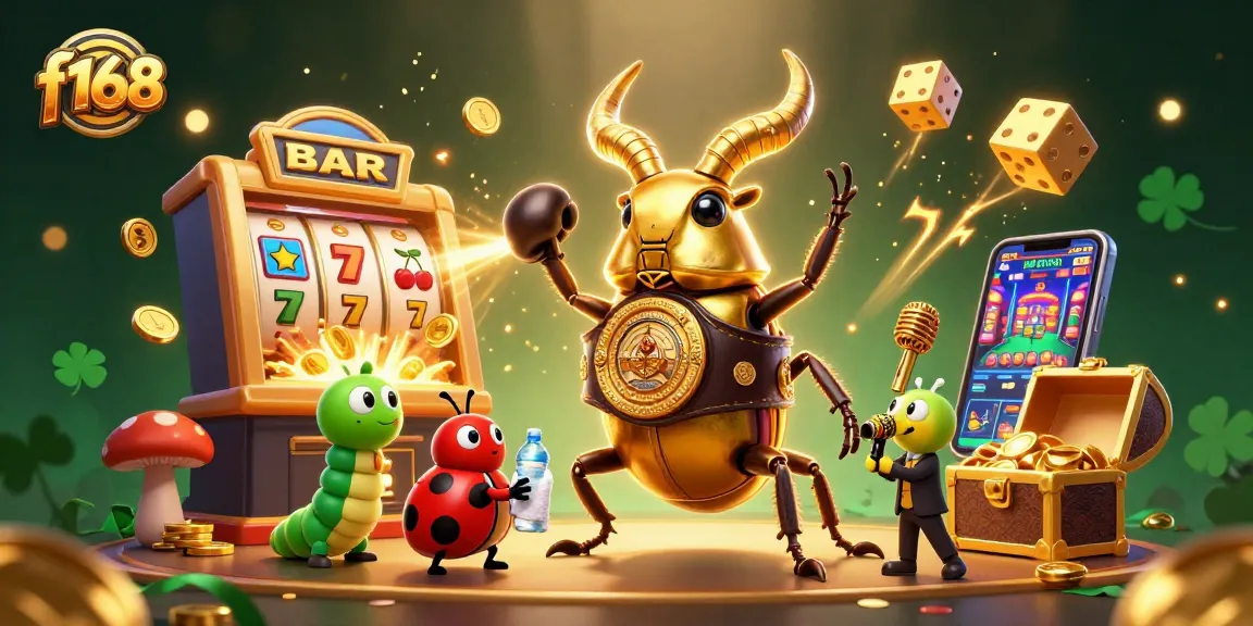 Experience the excitement of f168 with a giant golden stag beetle facing off in a vibrant casino showdown.