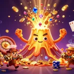 ZBET volcano erupts with treasure, showcasing a vibrant casino scene of joy and winnings.