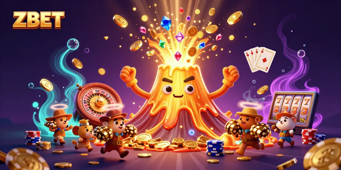 ZBET volcano erupts with treasure, showcasing a vibrant casino scene of joy and winnings.