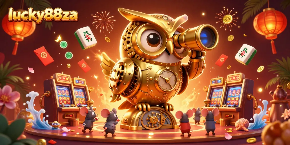Experience the thrill at lucky88za, where the clockwork owl oversees a bustling casino scene.