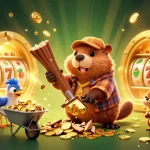 Experience excitement and fortune at w33, featuring lively casino characters collecting coins amidst gold and slot reels.
