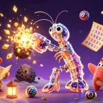 SOCOLIVE showcases a galactic samurai shrimp amidst dynamic gambling elements, capturing the thrill of gaming.