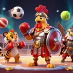Engage with FIVE88's thrilling casino action featuring a lively rooster, sports elements, and a stunning arena backdrop.