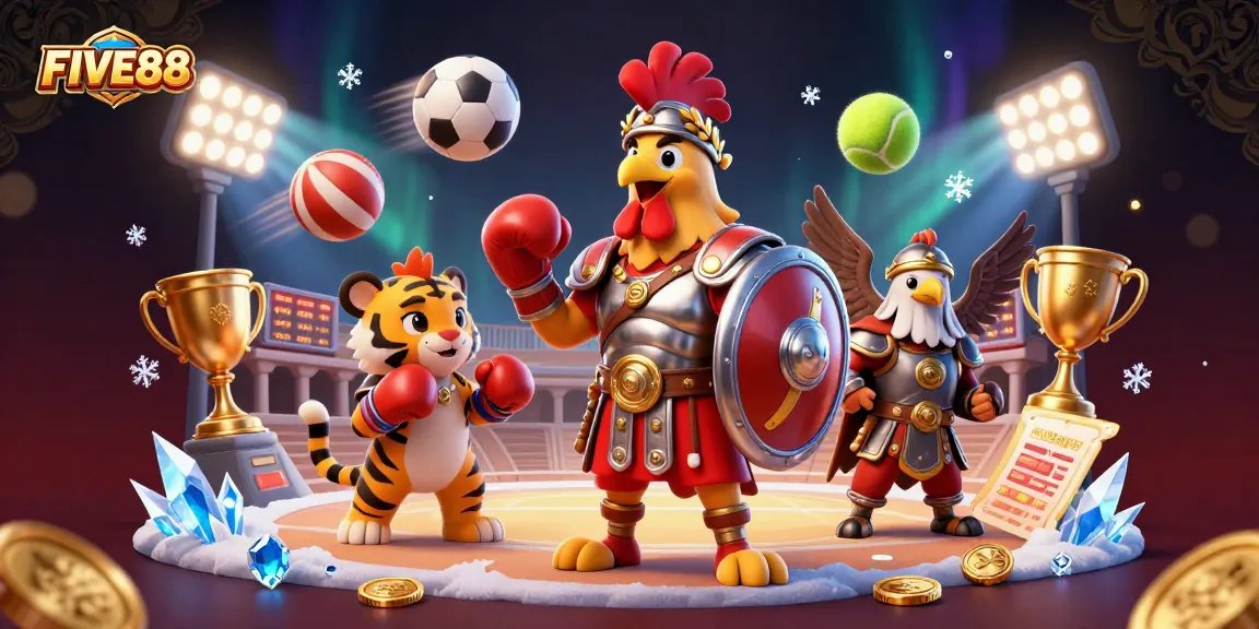 Engage with FIVE88's thrilling casino action featuring a lively rooster, sports elements, and a stunning arena backdrop.