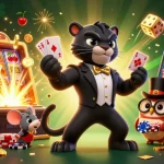 Experience thrilling gaming at 78Win with a lucky panther, owl, and mouse amidst a vibrant casino scene.