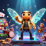 Engaging 3D illustration of a cicada rock star in a golden jacket surrounded by gaming elements, showcasing tỷ lệ kèo nhà cái.