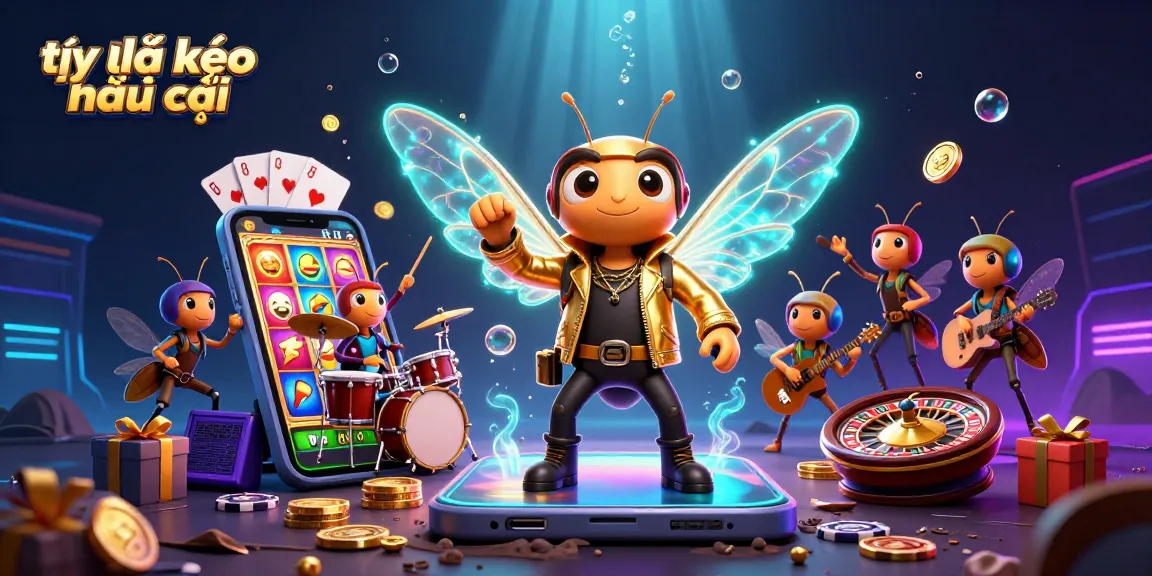 Engaging 3D illustration of a cicada rock star in a golden jacket surrounded by gaming elements, showcasing tỷ lệ kèo nhà cái.