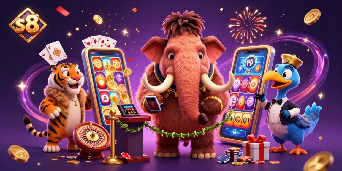 Join the vibrant atmosphere at s8 casino, featuring a mammoth bouncer, VIP saber-tooth guest, and gaming excitement.