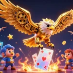 Experience thrilling gameplay with 9pokies as a cybernetic eagle dives through dynamic casino elements.