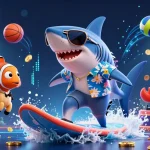 ZBET shows a thrilling online casino experience with a shark surfing gold coins, enhancing excitement for gamblers.