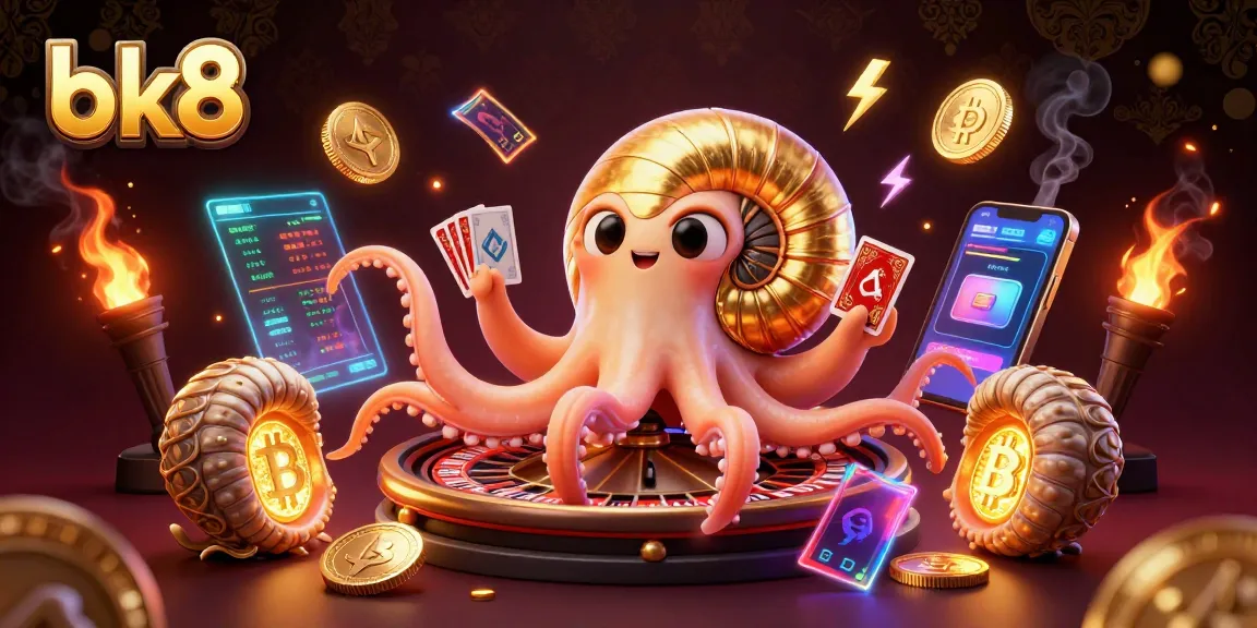 Engage in exhilarating game experiences at bk8 with 3D illustration of nautilus as roulette wheel, Bitcoin coins, and vibrant elements.