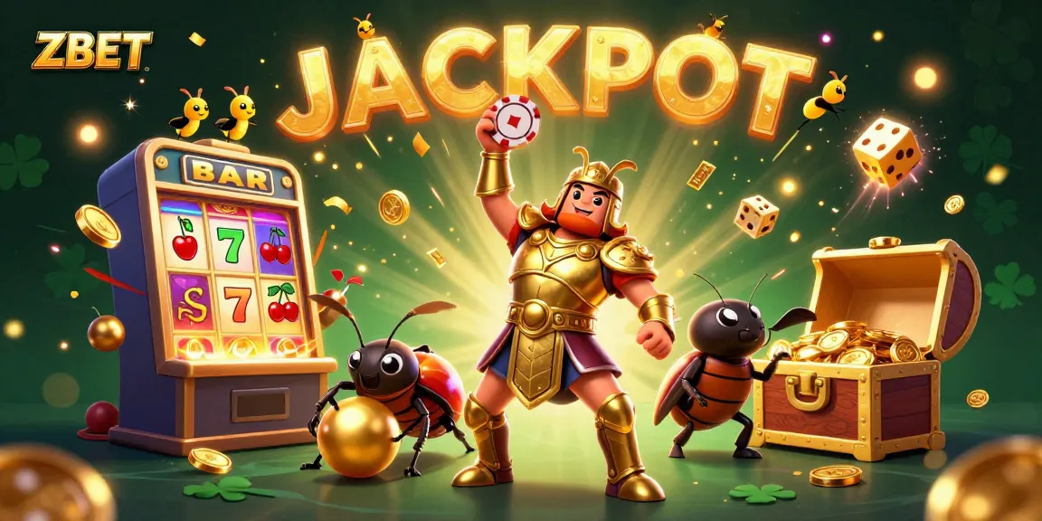 ZBET champions big wins with a golden jackpot amidst lively casino elements.
