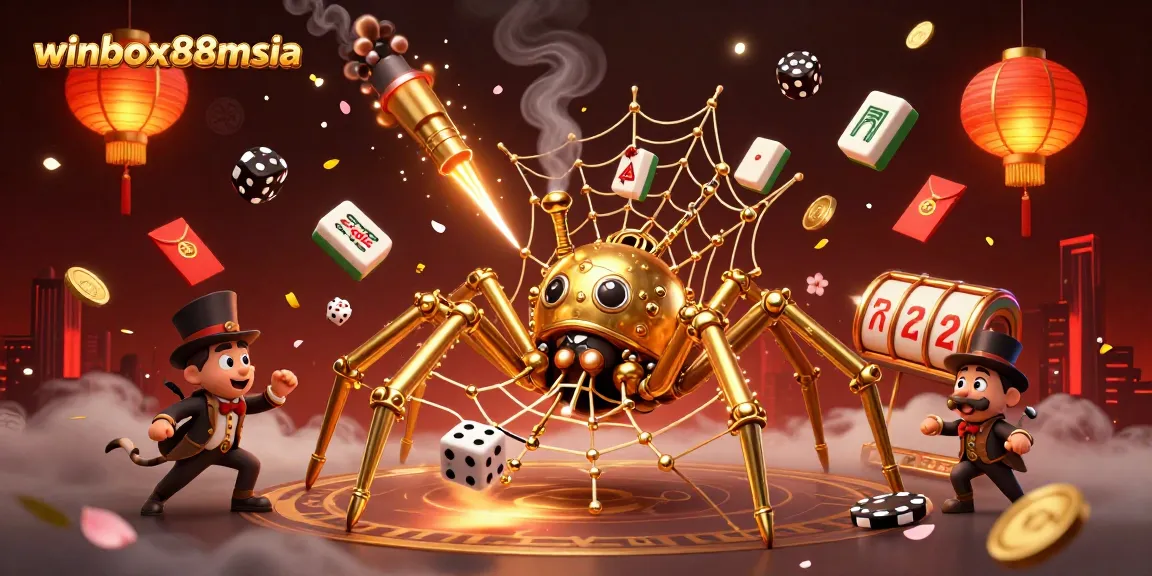 Catch thrilling moments in the world of winbox88msia with a playful steampunk spider and casino elements.