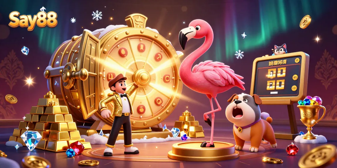 Spin to win at Say88 with a golden prize wheel, vibrant gems, and exciting casino elements!