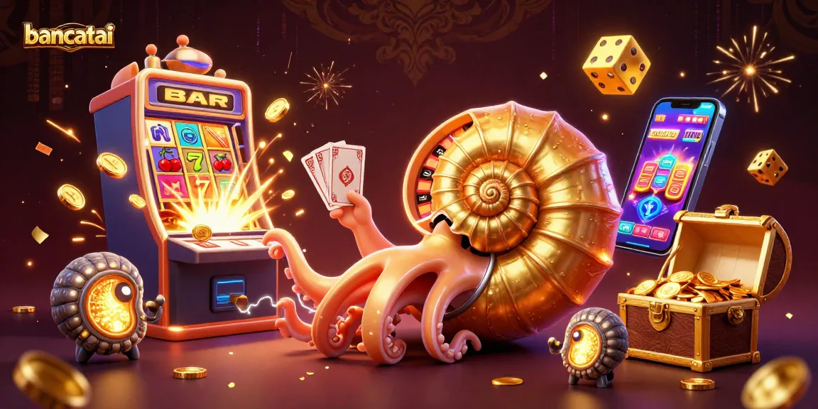 Bancatai showcases an energetic 3D casino scene with jackpot symbols and a glowing nautilus casino wheel.