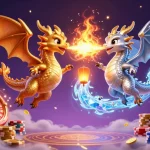 Experience thrilling gameplay with kèo nhà cái 55, featuring cartoon dragons among casino elements.