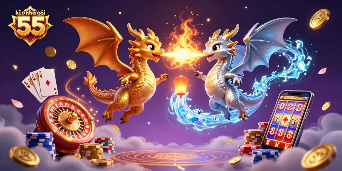 Experience thrilling gameplay with kèo nhà cái 55, featuring cartoon dragons among casino elements.