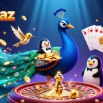 Play thrilling casino games at five88az with a vibrant peacock and penguin in a dazzling scene.