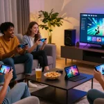 Friends enjoying gaming on Slot7000 platform in a cozy living room.