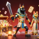 Join the action at hit club with Anubis and Bastet surrounded by vibrant slot reels and treasures.