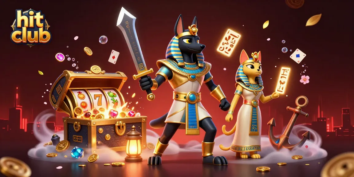 Join the action at hit club with Anubis and Bastet surrounded by vibrant slot reels and treasures.