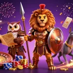 Bet on ZBET with a dynamic scene of a Spartan lion, owl strategist, and greyhound amidst casino elements.