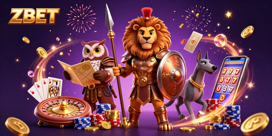 Bet on ZBET with a dynamic scene of a Spartan lion, owl strategist, and greyhound amidst casino elements.
