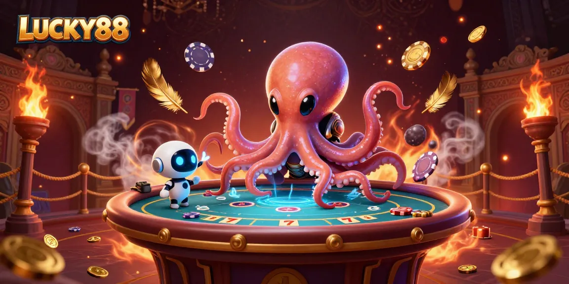 Experience the fun at LUCKY88 with a thrilling 3D gaming scene filled with vibrant casino elements!