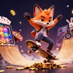Experience high-energy gaming action at V8AB with a vibrant casino illustration featuring winning moments.